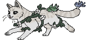 a full-body pixel art piece of a null cat with flower vines wrapping around their chest and legs. they have a happy expression. they are facing towards the left. there is a green bird perched on their back, and a blue on the tip of their tail